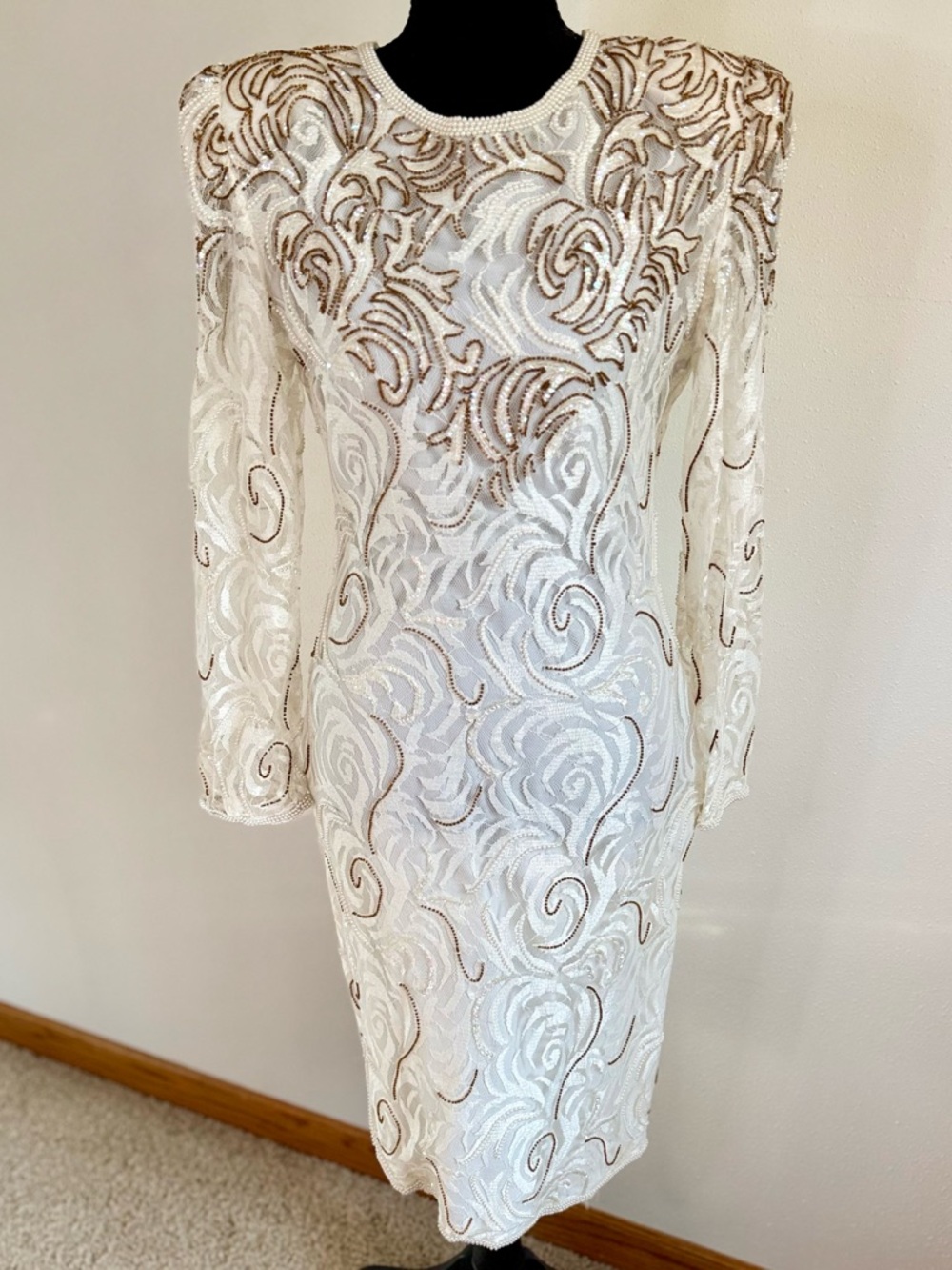 Vintage Laurence Kazar Ivory Gold Beaded Sequin Dress Small 80s 90s Formal Gala